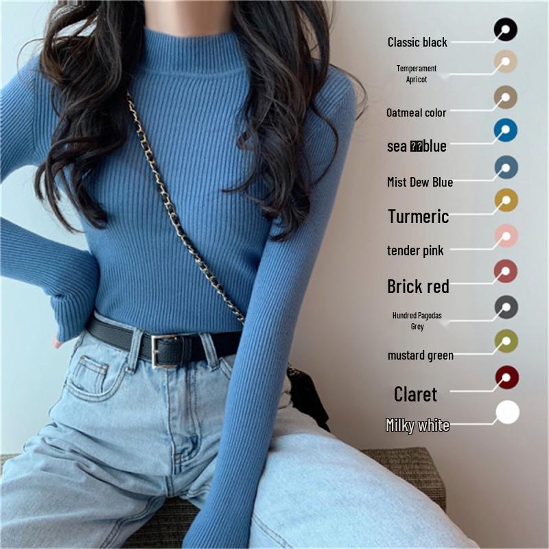 Women s 2026 Solid Color Semi-High Neck Long Sleeve Knitted Sweater One Size