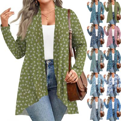 Dame Efterårs- og Vintermode Afslappet Print Langærmet Mellemlang Cardigan Jakke