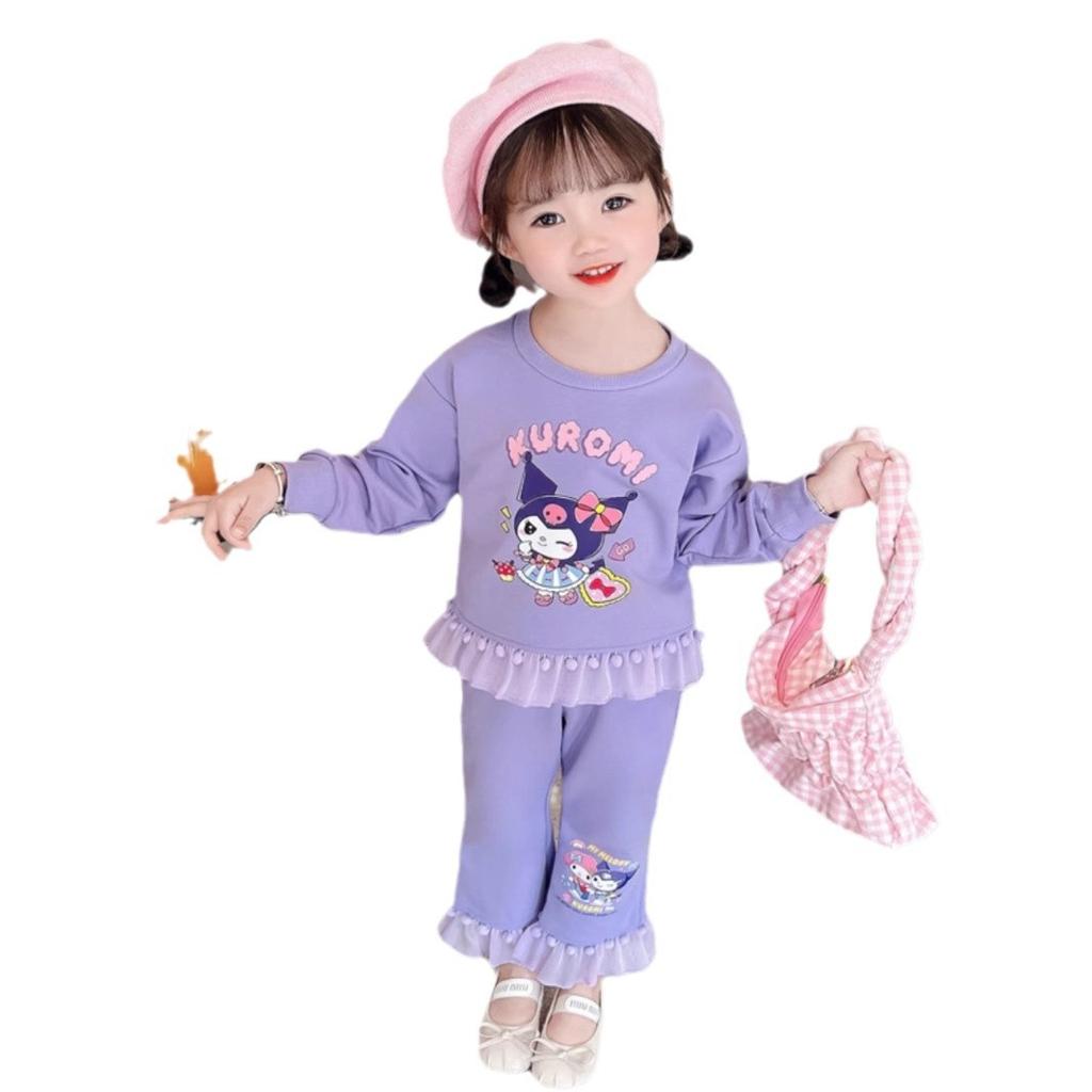 Girls Spring Autumn Ruffled Long Sleeve Sweatshirt Two Piece Set with Cartoon Print