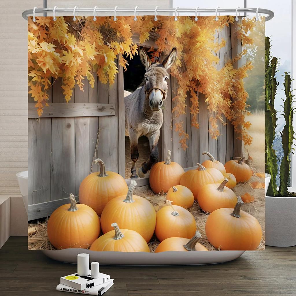 Fall Forest Natural Scene Shower Curtain for Bathroom Autumn Maple Tree Plants Rural Landscape Pumpkin Waterproof Shower Curtain