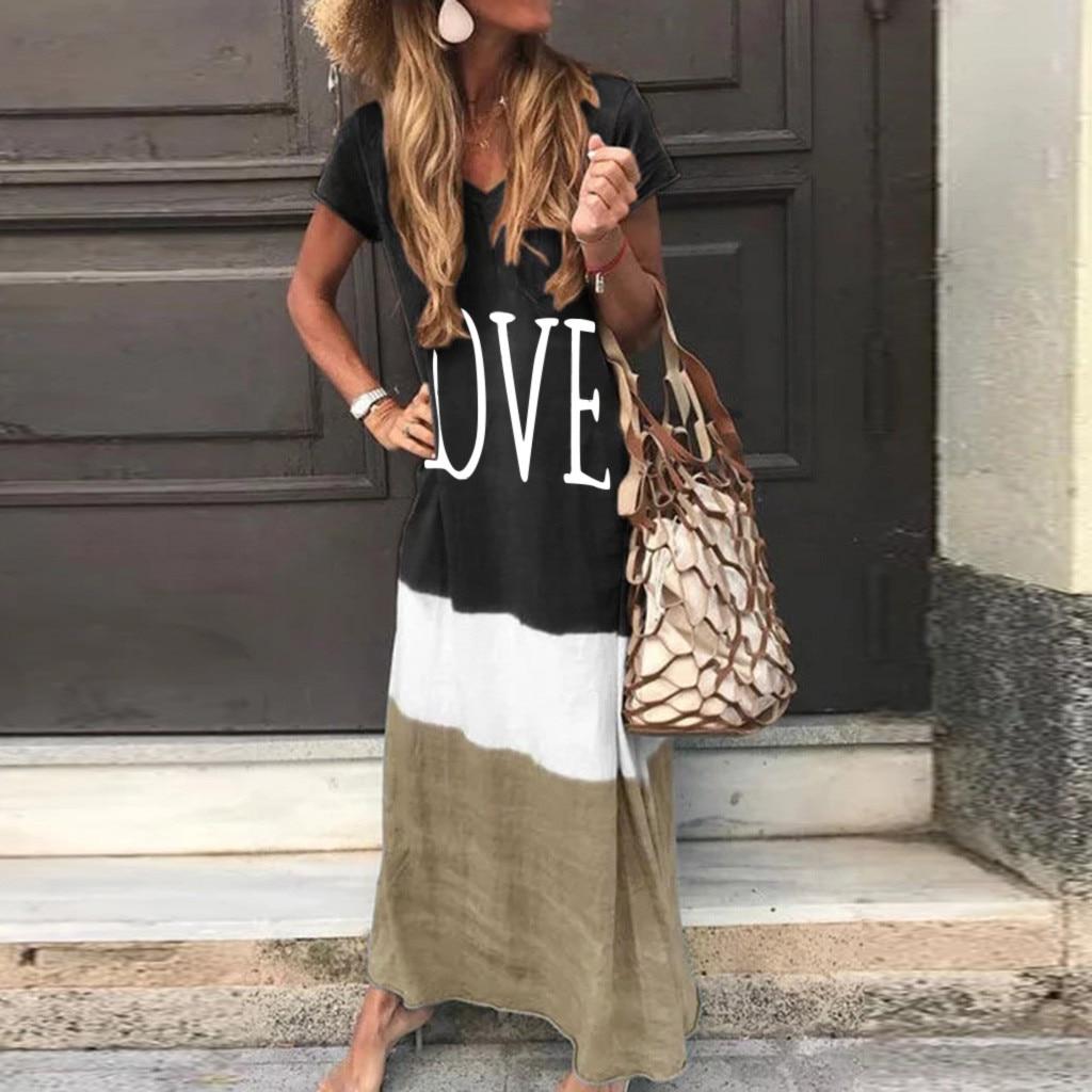 Long Dress Summer Dress Women Letter Print Patchwork Sundress Casual Loose Plus Size Sexy V Neck