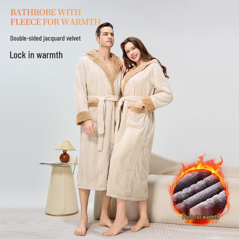Cozy Couple Jacquard Fleece Long Robe - Hooded Autumn/Winter Bathrobe for Men & Women