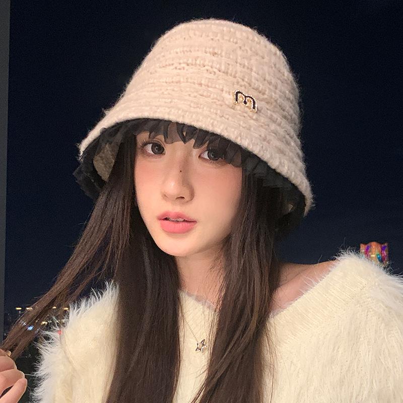 Lace thickened Fisherman's Hat for Autumn and Winter Hat for Women's Casual Big Head Surround Windproof Korean Versatile Warm Hat