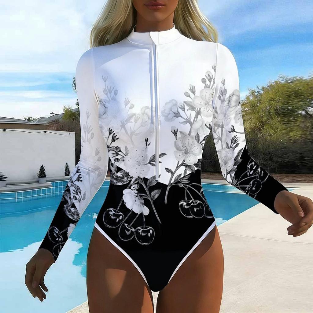 Women Long Sleeve One Piece Swimsuit Zip Front Ink Wash Print Print Rash Guard Surfing Bathing Suit