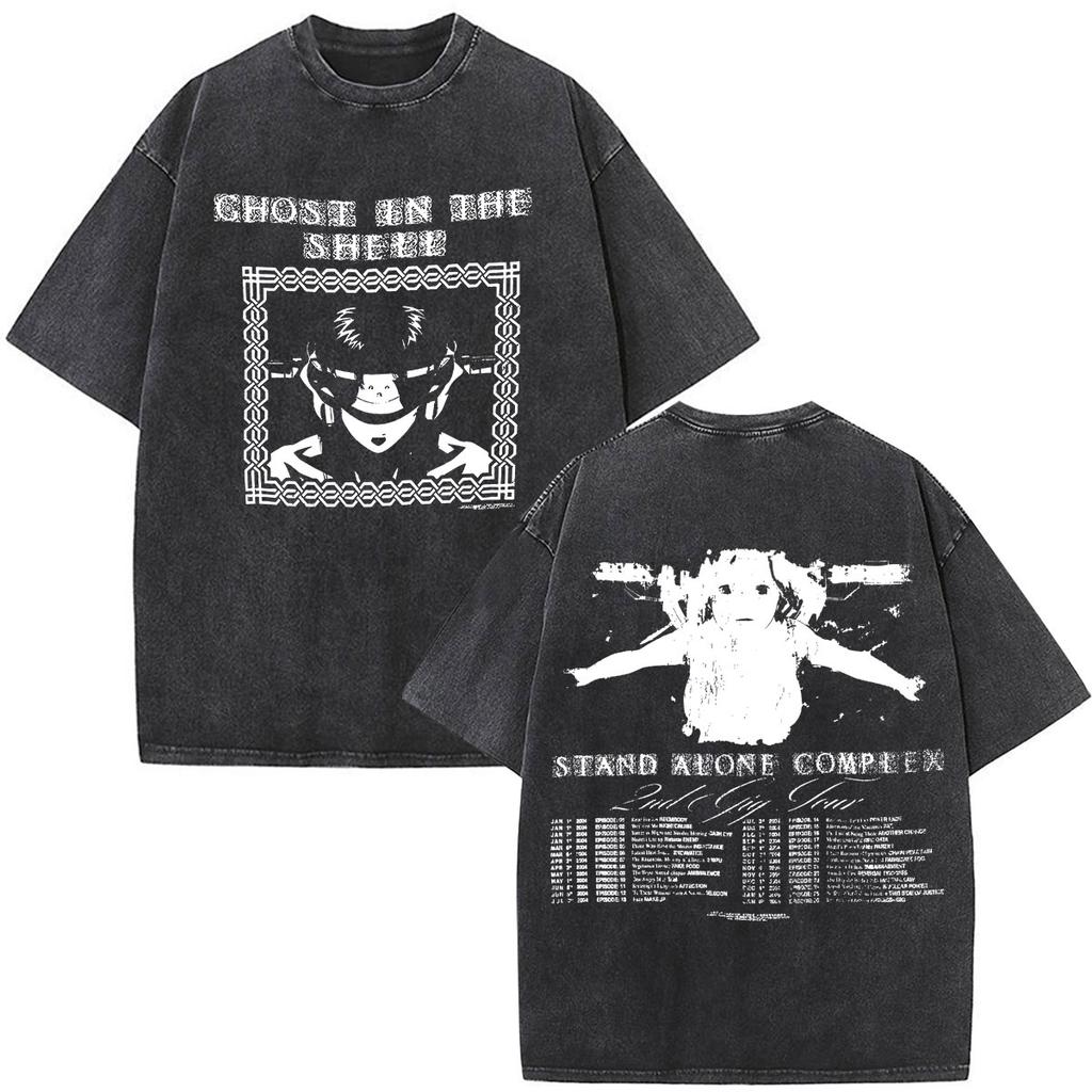 Camisetas Gráficas Vintage Lavadas de Anime Ghost in The Shell Motoko Kusanagi para Hombre y Mujer Moda Camisetas de Manga Corta Oversize