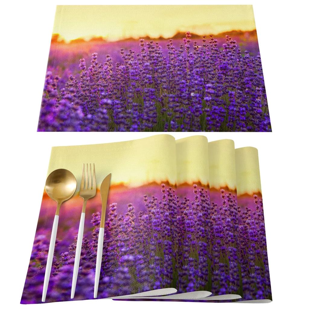 1PC Table Mats Purple Lavender Printed Linen   Kitchen Accessories Home Party Decorative Placemats