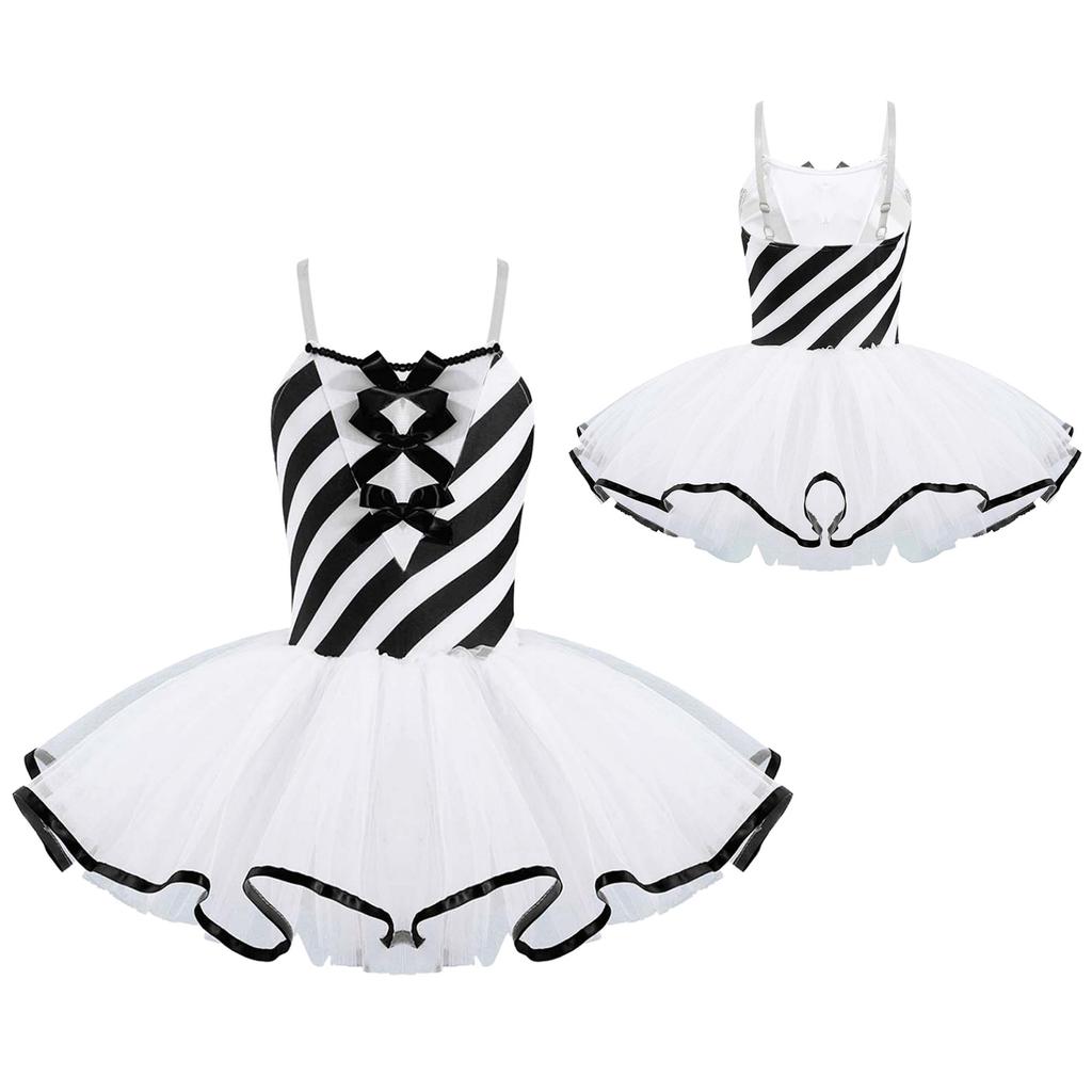 Kinder Gestreift Bedrucktes Tanzkleid Mädchen Mesh Tutu Eiskunstlaufkleid Aufführung Tanzkostüm