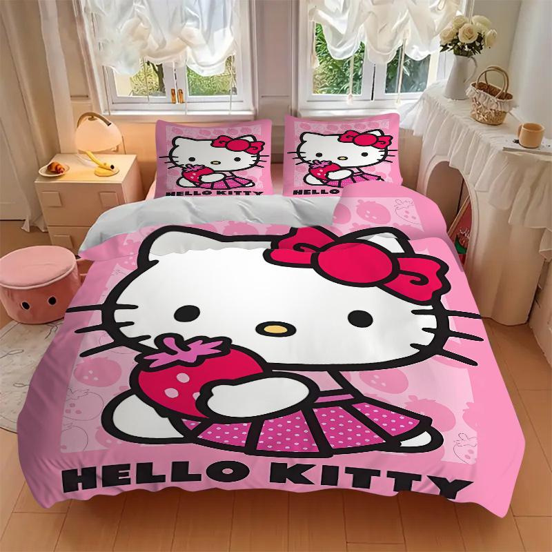 3pcs Strawberries and Hello Kitty Quilt Cover Set (1 Quilt Cover + 2 Pillowcases Without Pillow Core), High-Definition Printing for Home and Dorm