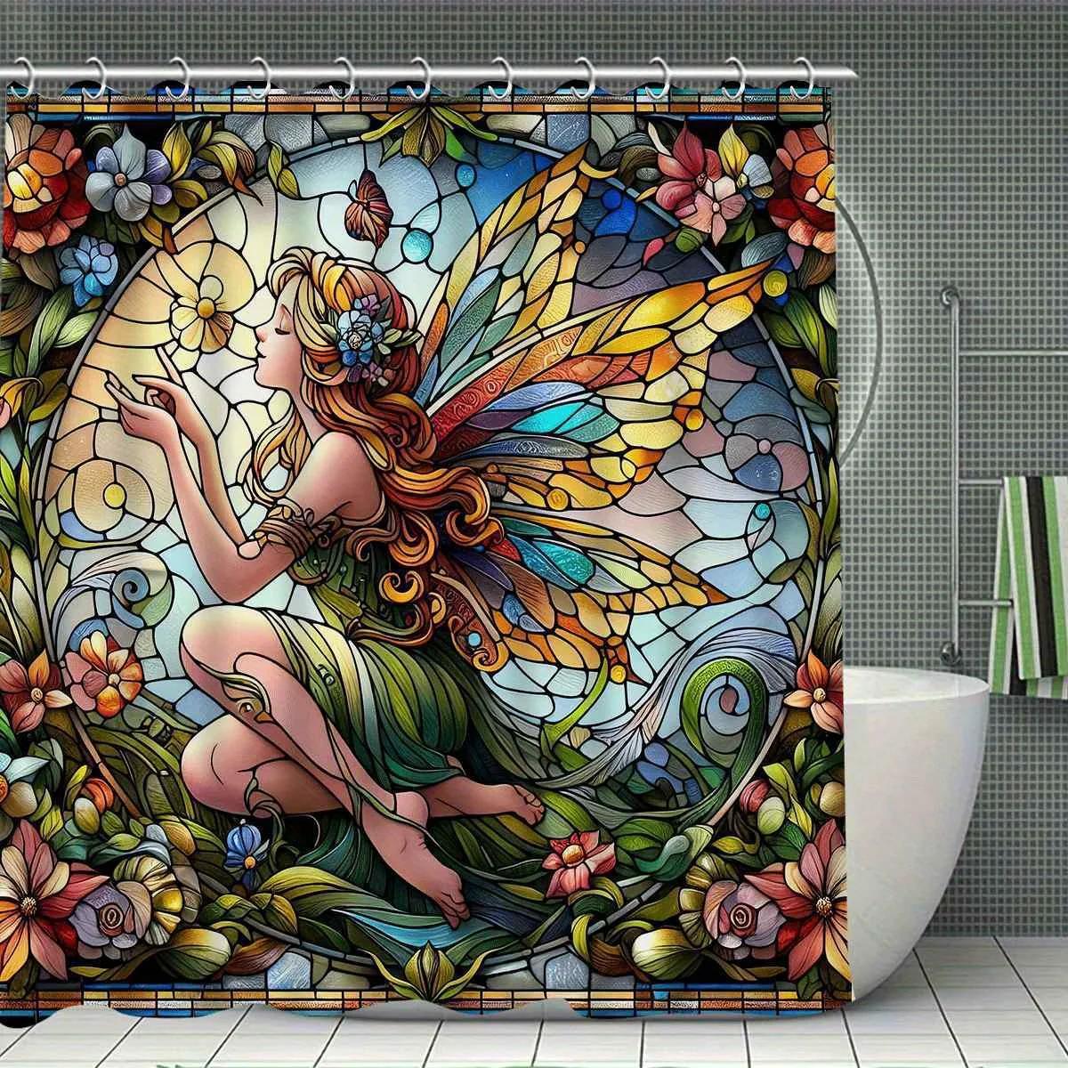 

Enchanted Fairy Waterproof Shower Curtain For Bathroom Decor, Stained Glass Style, Vibrant Colors, Unique Art Design W60H190(CM)-1 Pcs