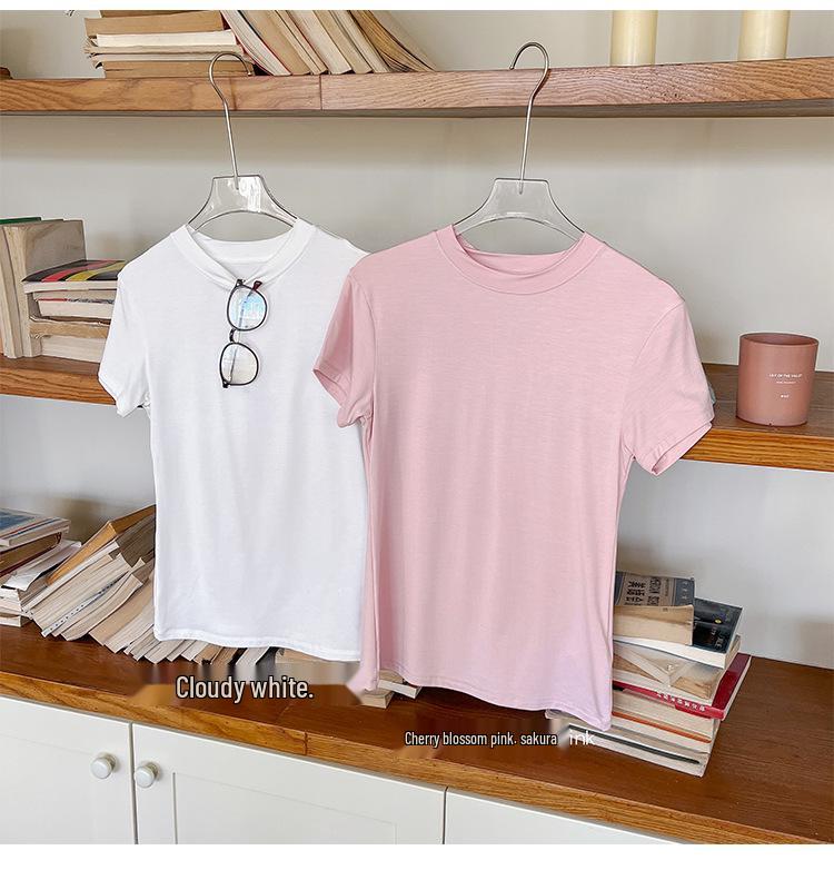 Modal Short Sleeve Crew Neck Women's Slimming Versatile T-Shirt - Nude Feeling, Straight Shoulder, Comfortable Fit