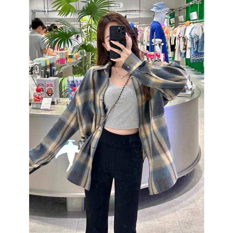 American Retro Plaid Long Sleeve Shirt Jacket for Women - Small Size, Spring/Autumn 2024