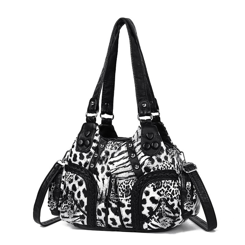Női leopárdmintás Hobo Táska, Puha PU Bőr Többzsebes Válltáska, Vintage Szegecses Táska Levehető Pánttal a Mindennapi Utazáshoz