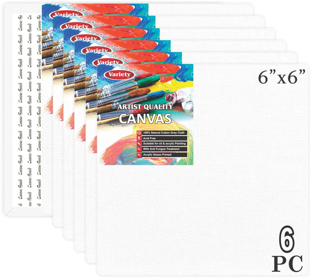 VARIETY CANVAS 6 X 6 Inch Cotton Canvas Board for Painting, 7OZ Primed, Pack of 6