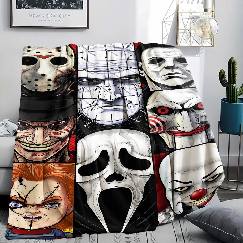 1 szt. Koc flanelowy z nadrukiem z filmu grozy, Wysokiej jakości, Wygodny na wszystkie pory roku, Wystrój domu, Ciepło i komfort, Idealny na prezenty świąteczne
