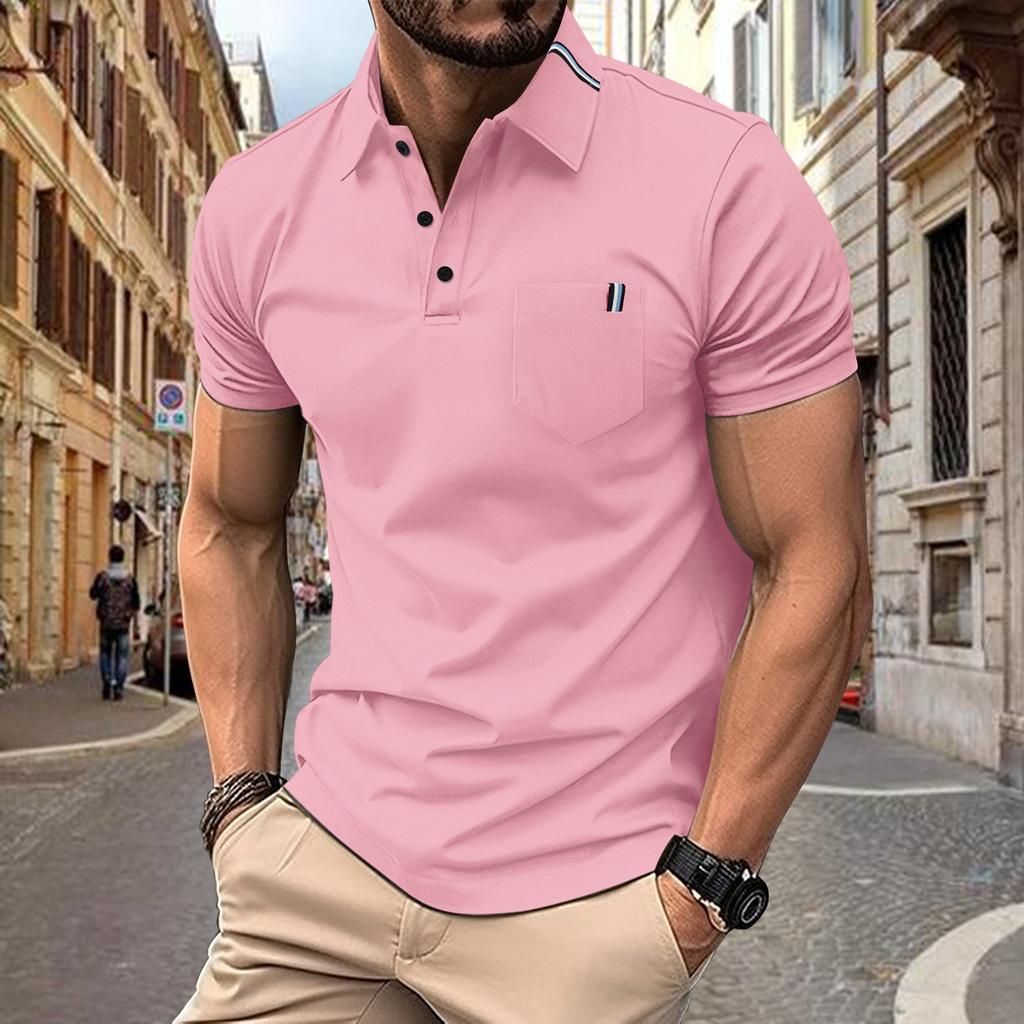 Men's Casual Slim Fit Polo Shirt Short Sleeve Solid Color Chest Pocket Golf Business Top