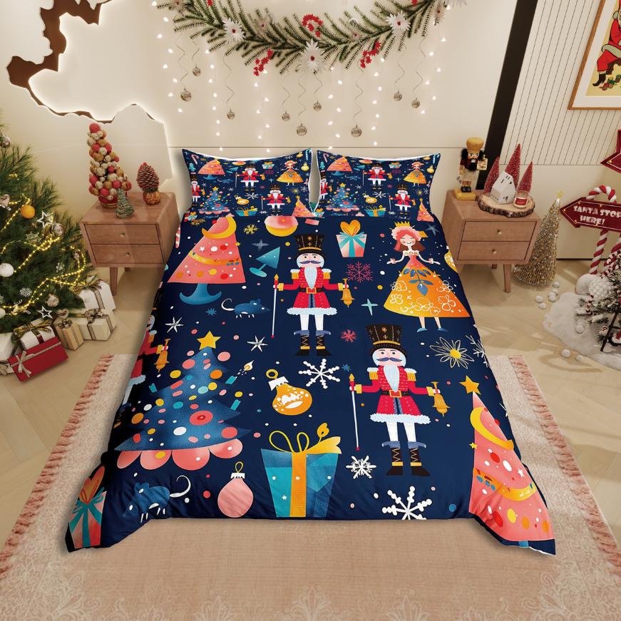 Homewish Christmas Nutcracker Duvet Cover Set,Xmas Tree for Teens Bedding Set,Happy New Year Decor