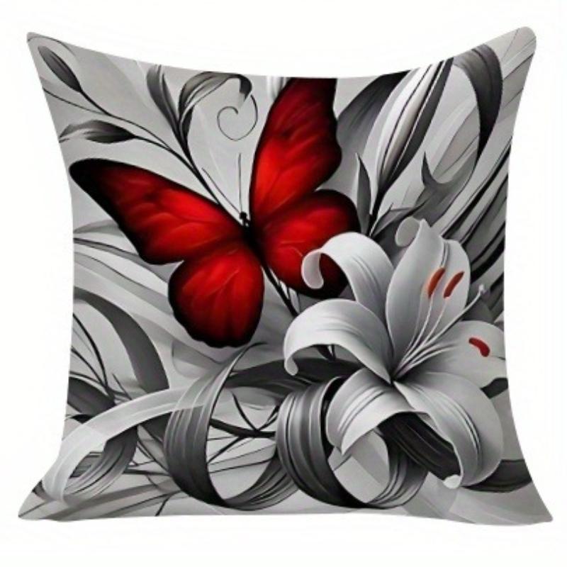 Gray Red Butterfly Floral Pillow Covers Soft Polyester Square Zipper Sofa Outdoor Machine Washable Double Sided Decorative Home