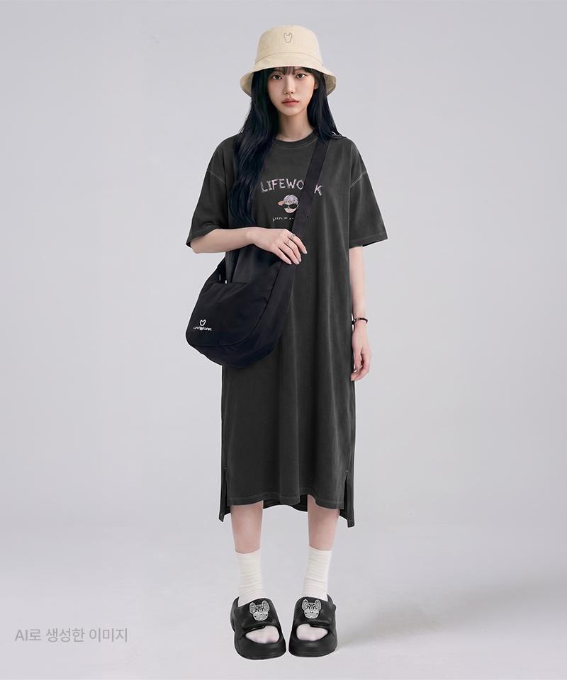 Life Work Women'S) Vintage Cracked Hip Dog Short Sleeve Long Dress