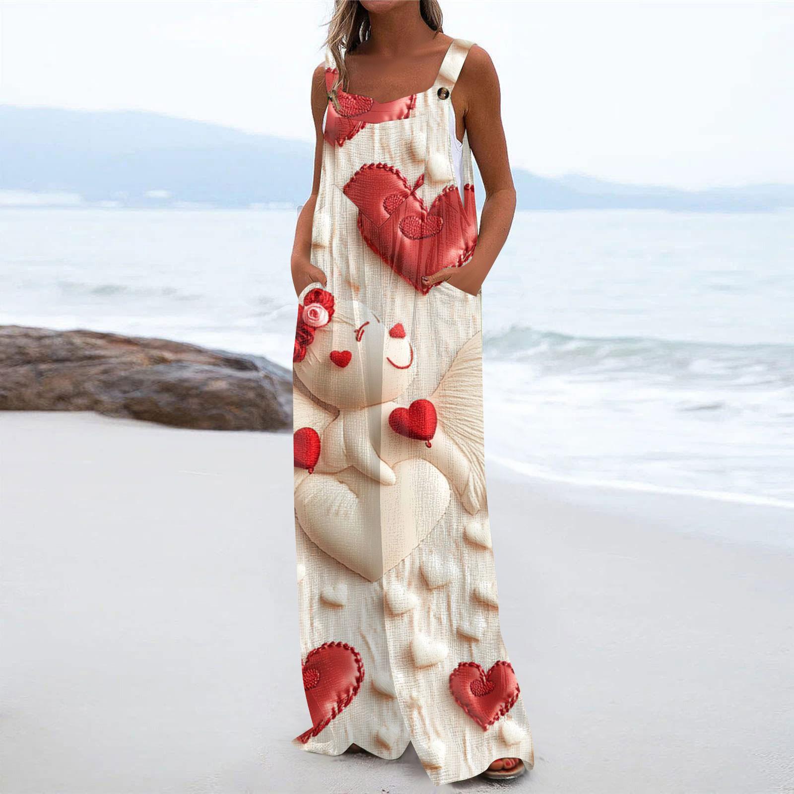 

Женский модный повседневный свободный комбинезон с карманами и принтом ко Дню святого Валентина L бежевый