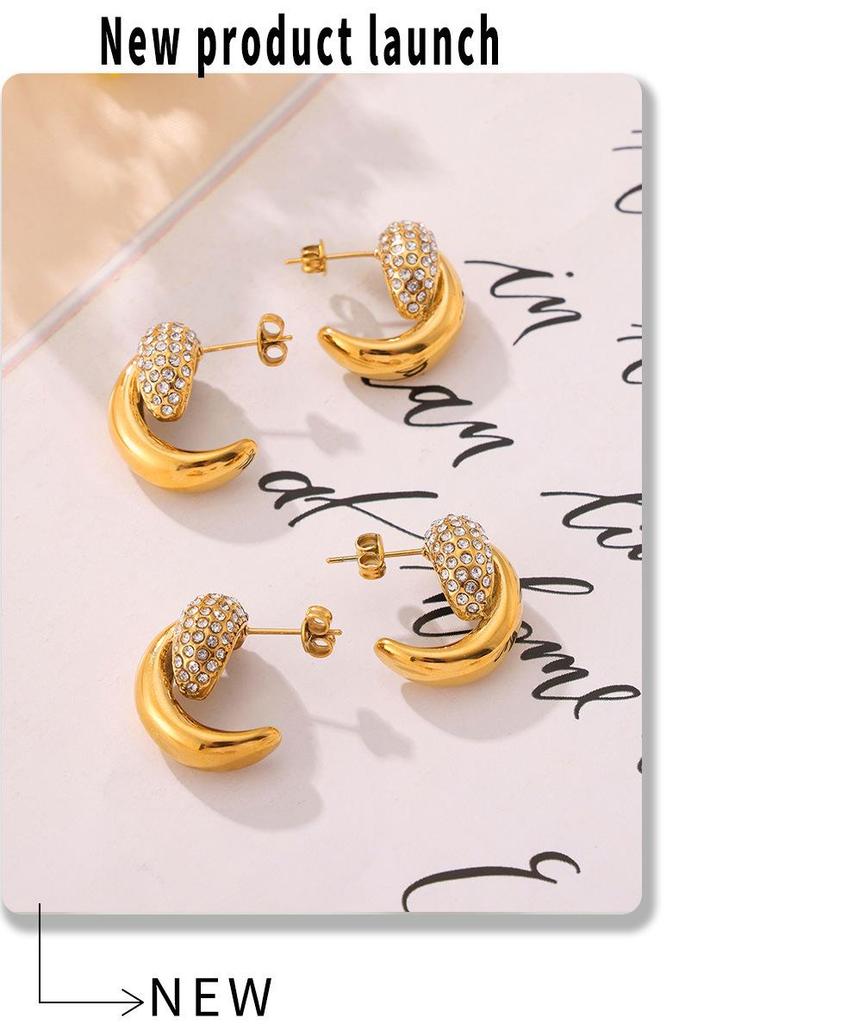 18K Gold Plated Crescent Moon Diamond Earrings - Exquisite Titanium Steel Jewelry