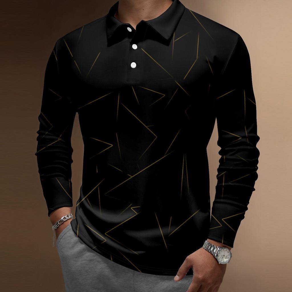 Herren-Revers-Langarm-bedrucktes Freizeit-Oberteil, lockeres Sport-Revers-Hemd