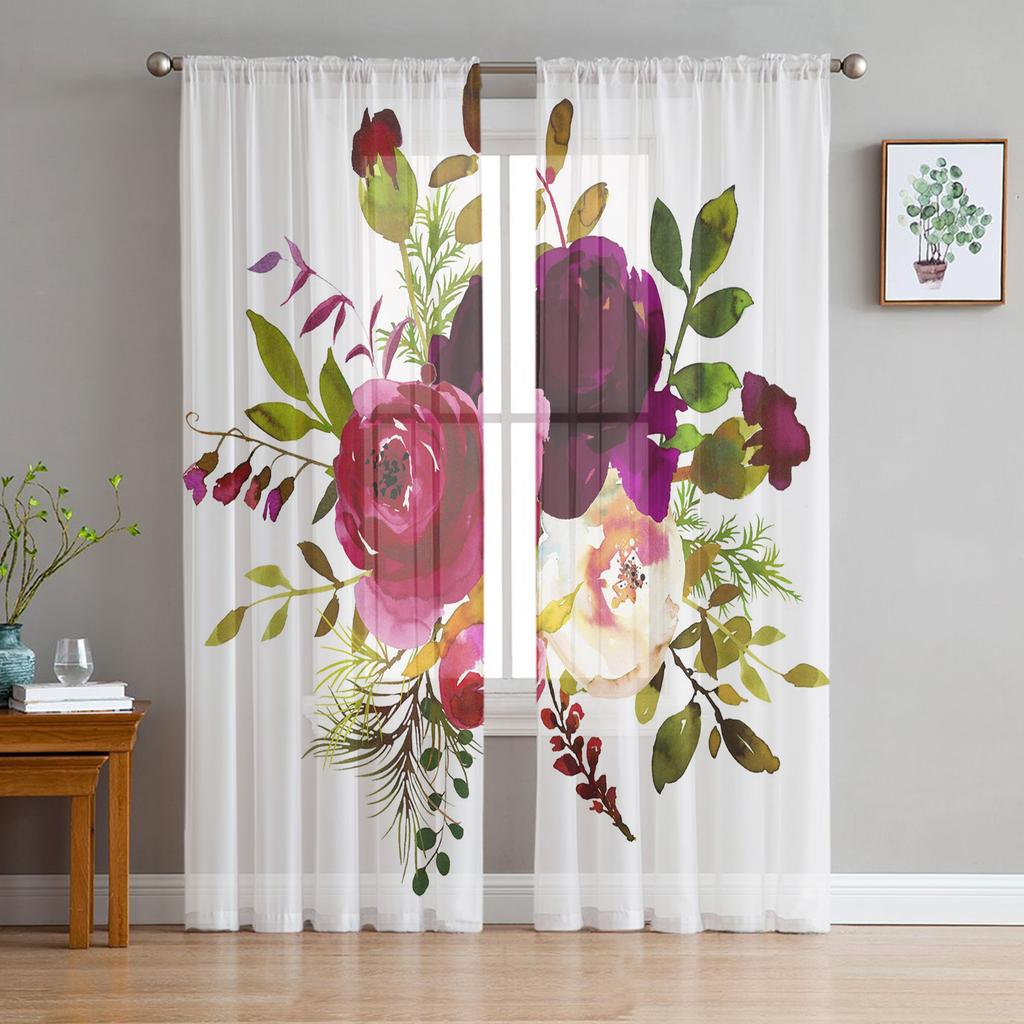 Peony Flower Sheer Curtains for Living Room Modern Voile Curtain Bedroom Tulle Curtains Window Drapes Decor