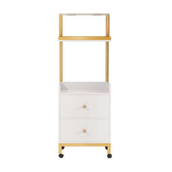 Carrinho de Armazenamento para Salão com 4 Rodas 2 Gavetas Suporte para Secador com Rodas Prateleiras Abertas Moderno Branco Dourado Estação de Barbeiro Cabeleireiro