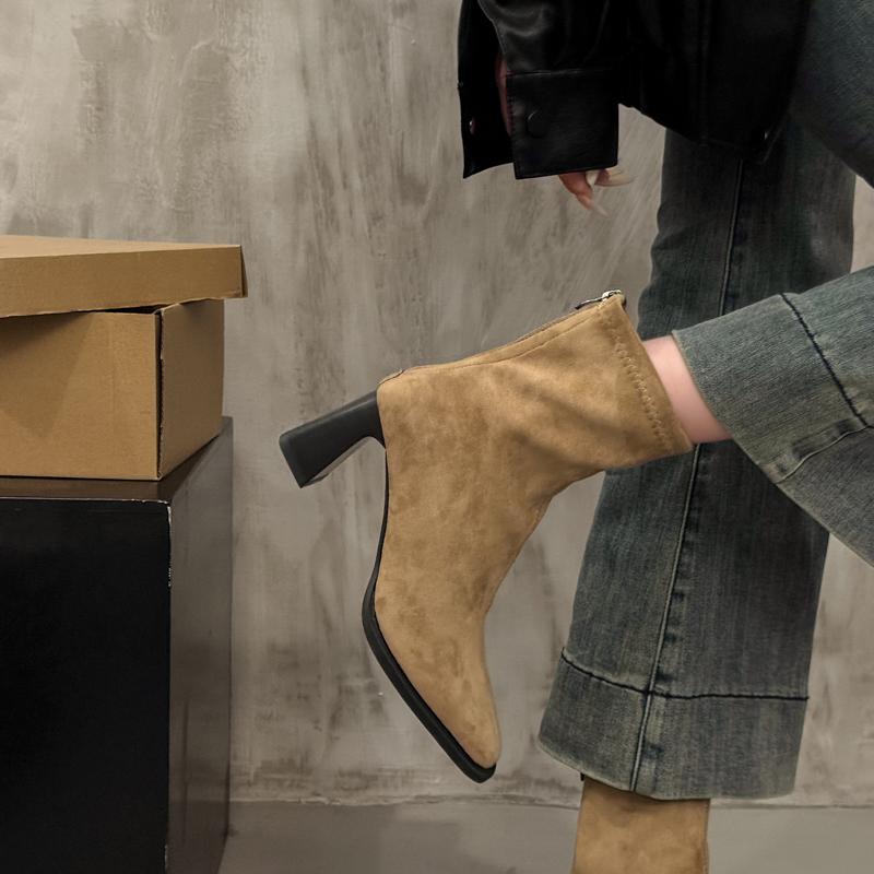 Fashion Autumn Winter Square Toe Slim Women Ankle Boots Street Style Party Short Plush Shoes High Heel Short Botas Mujer