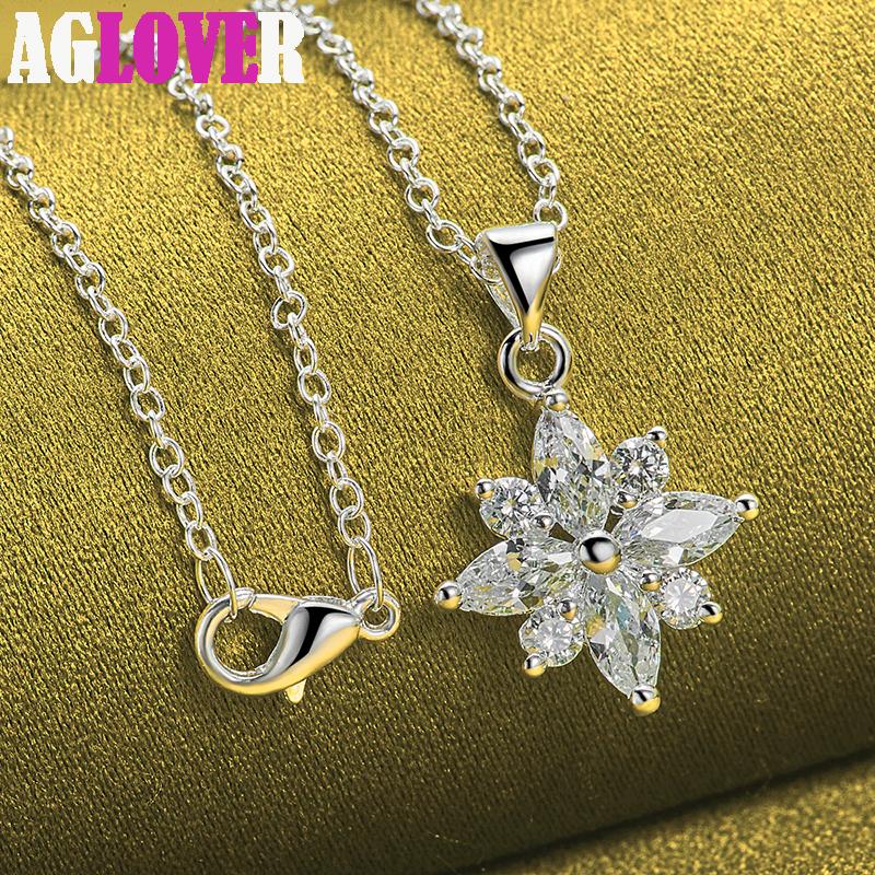 925 Sterling Silver AAA Zircon Flower Pendant Necklace Jewelry