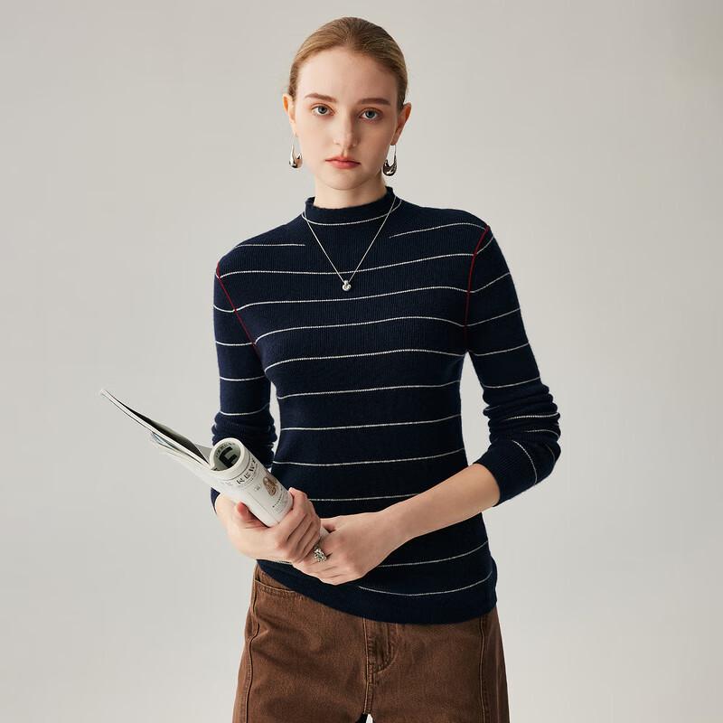Zhaojun Women's 100% Cashmere Half-Turtleneck Striped Sweater