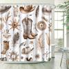 Western Watercolor Shower Curtain - Cowboy Boots, Hat & Accessories, White Background, Brown & Beige Illustrations, 12 Hooks