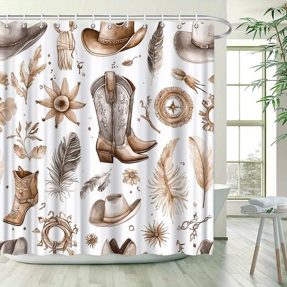 Western Watercolor Shower Curtain - Cowboy Boots, Hat & Accessories, White Background, Brown & Beige Illustrations, 12 Hooks