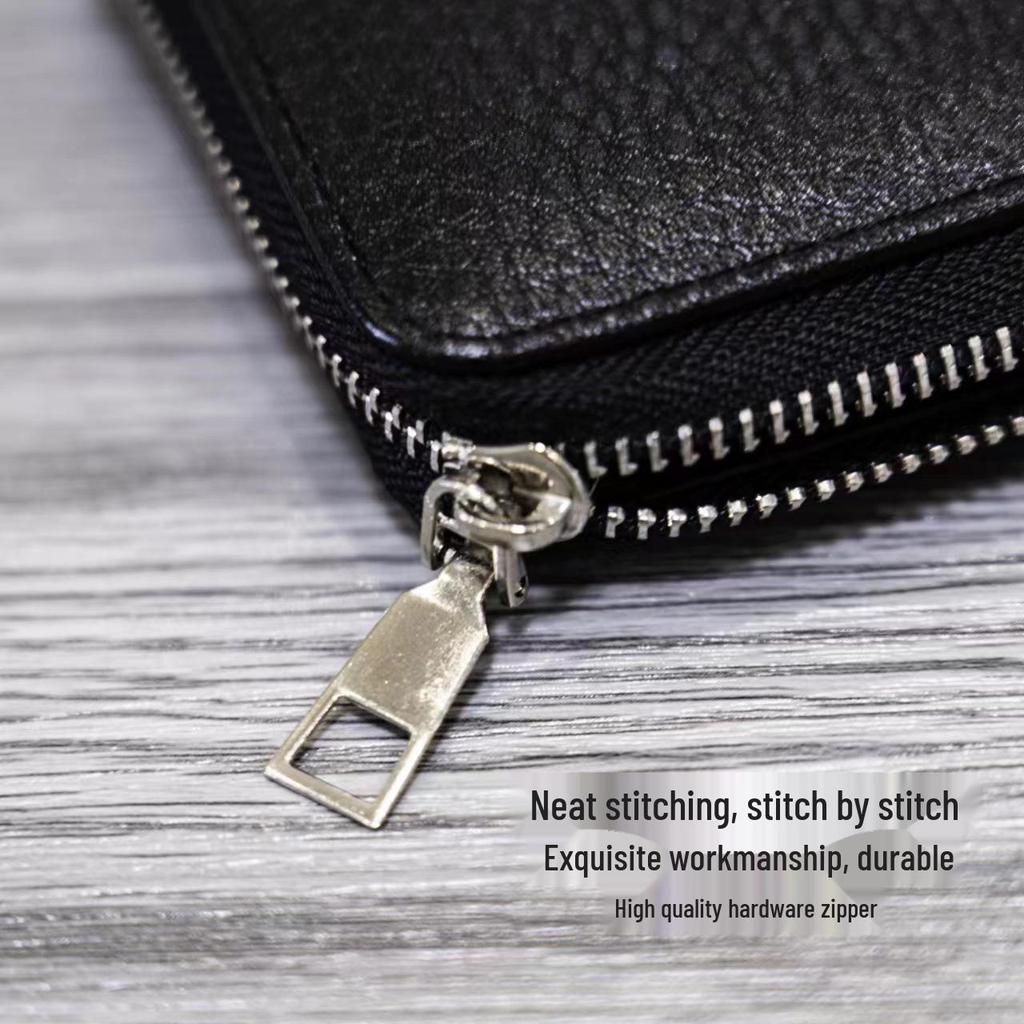 Men's Large Leather Clutch Wallet with Zip-Around Closure and Multi-Card Slots