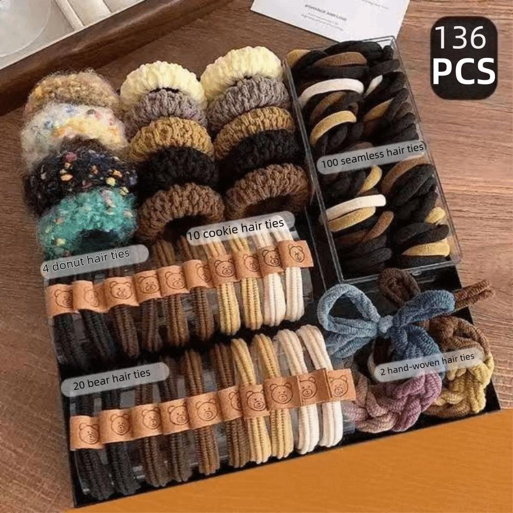 136Pcs No Crease Brown Hair Accessories Set Sweet Ponytail Holders for Women Girls 136PCS