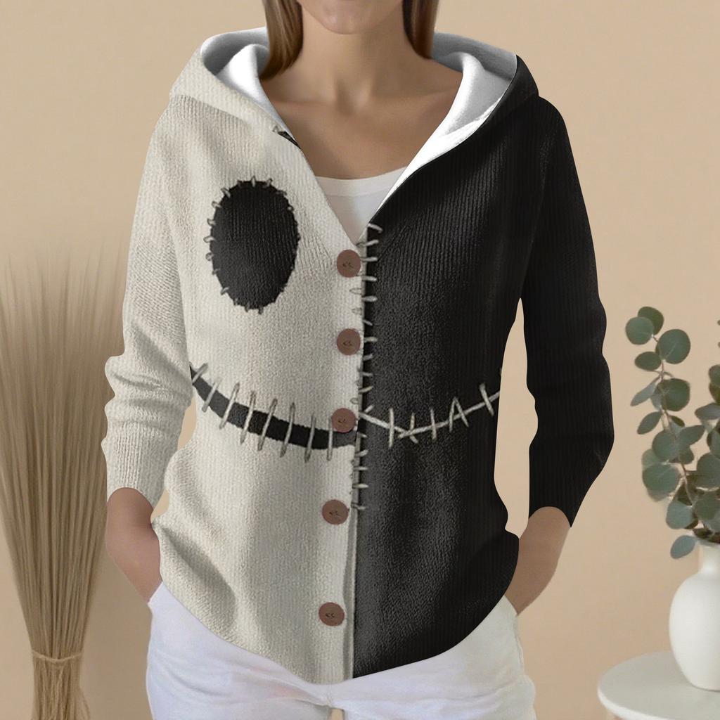 Mote for kvinner, avslappet genser, knappestrikkejakke med trykk, hettejakke