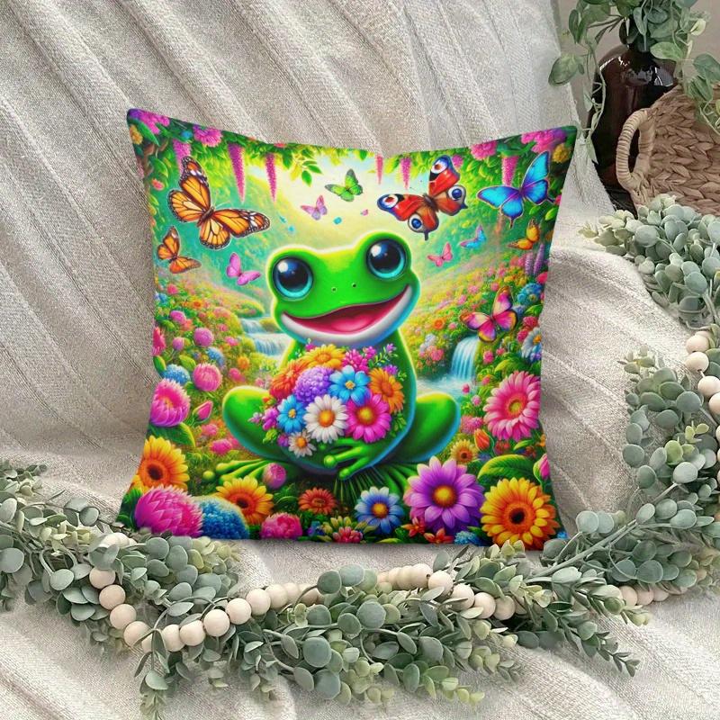 1Pc Cartoon Frog Holding Flowers Butterfly Throw Pillow Cover,Suitable For Bedroom,Living Room,A Healing Gift For Nature Lovers