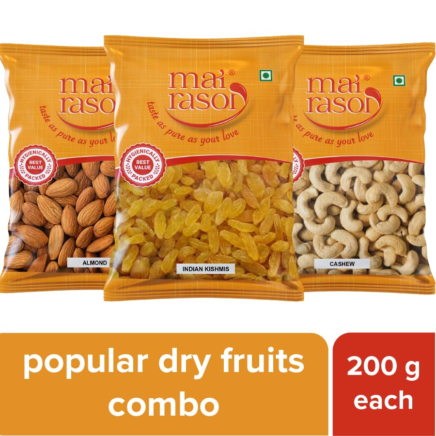 Mai Rasoi Dry Fruits Combo Pack Almonds Cashews Raisins Premium Healthy Snack Mix Fresh Crunchy Nuts 200 Gm xPack Of 3