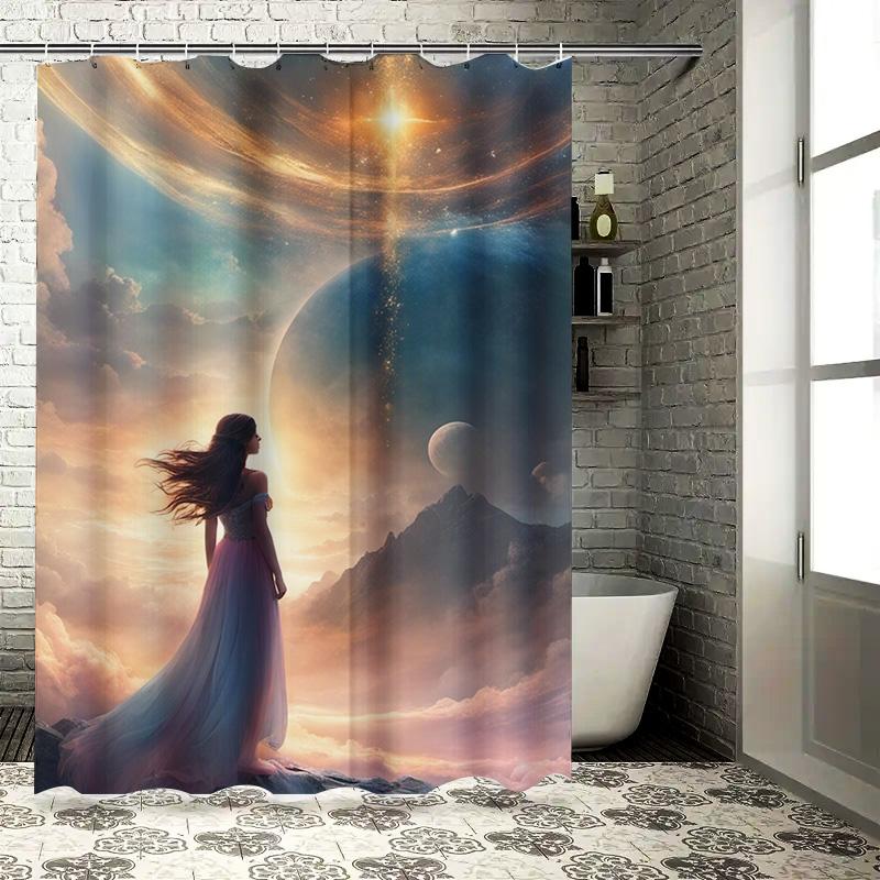 Ethereal Woman in Celestial Landscape Shower Curtain - Waterproof, Mildew-Resistant, Machine Washable for Dreamy Bathroom Decor