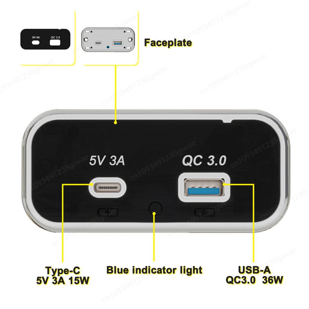 12V RV USB Outlet PD3.0 Type-C,USB-C 5V 3.1A,QC3.0 USB-A Port Panel Wall Car USB Socket Charger Adapter for Marine Bus ATV Truck