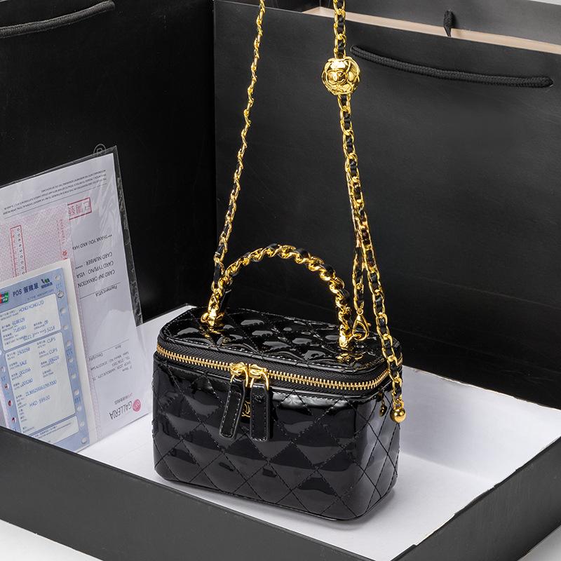 Korean New Style Fashion Diamond Chain Bag Light Luxury Style Gold Ball Crossbody Bag Small Fragrance Patent Leather Box Bag Handbag Handbag