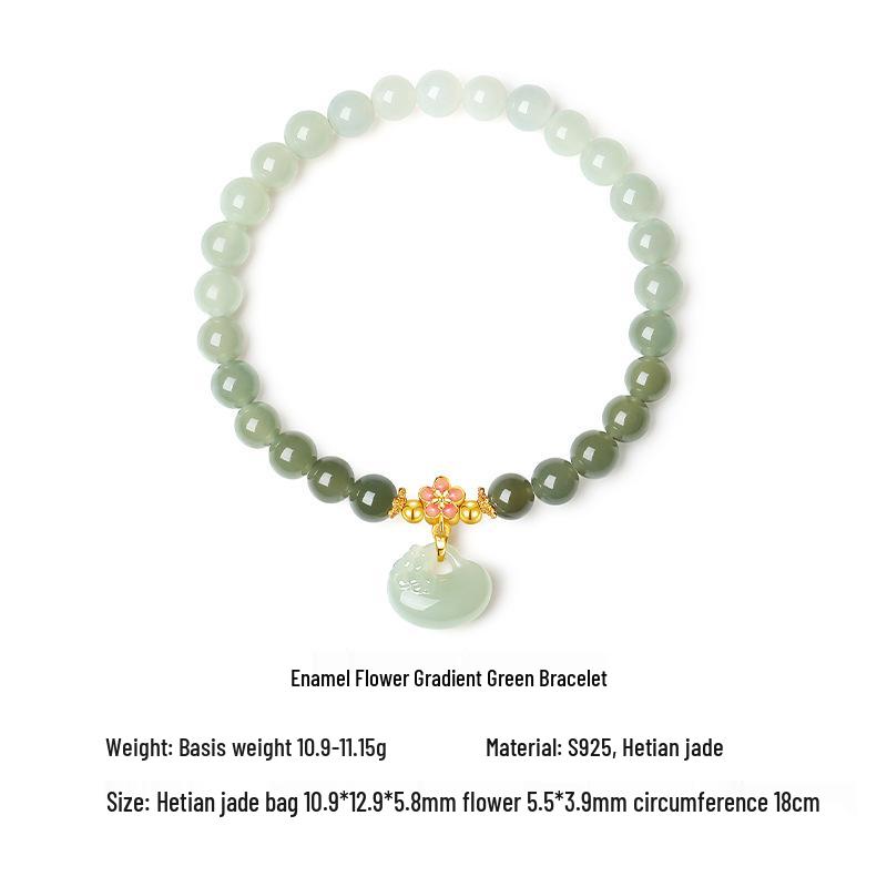 Gradient Green Ferris Wheel Jade & Enamel Flower Bracelet, Women’s S925 Sterling Silver, National Style