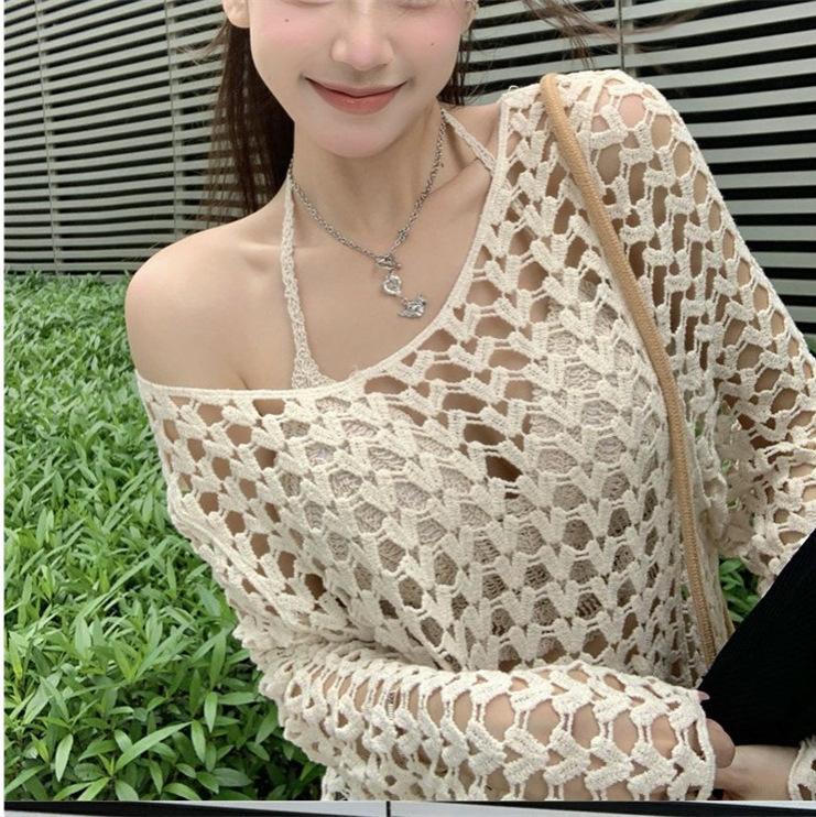 Embroidery hollow crochet women's long-sleeved top women's large-size versatile pullover with sunscreen shirt summer