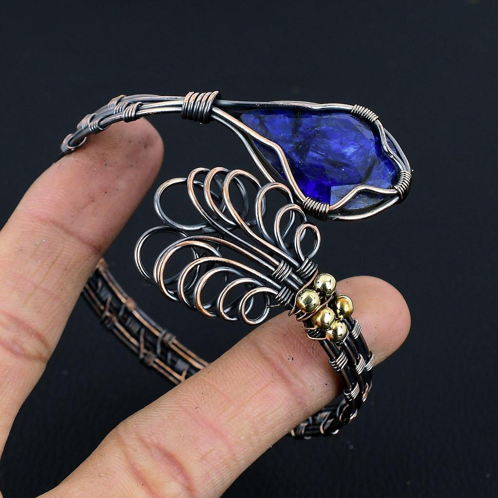 Blue Sapphire Bangle, Handmade Gemstone Bangle, 999 Copper Wire Wrapped Antique Jewelry, For Engagement Gift