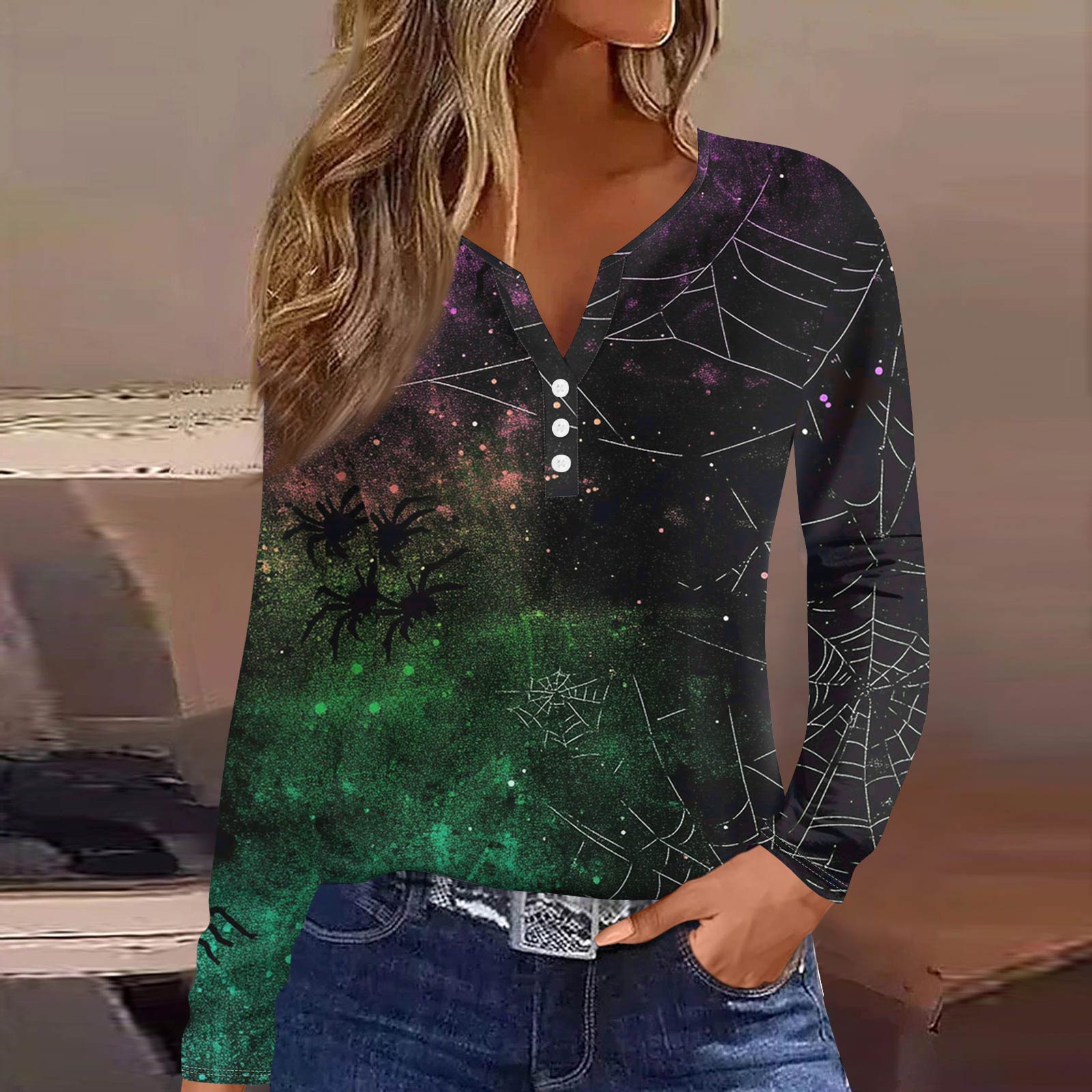 

Жен. Футболка Футболка на пуговицах с длинным рукавом Повседневные Выходные Мода Классический Топ с v-образным вырезом Обычный L