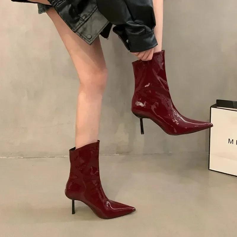 Escarpins à Talons Hauts en Cuir Verni Rouge pour Femme Automne Sexy Bout Pointu Bottines pour Femme Couleur Unie Simples Chaussures Stiletto Zapatos