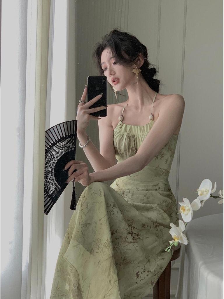 2024 Summer Halterneck Camisole Dress: Women's Elegant Cut-Out Waist Long Dress