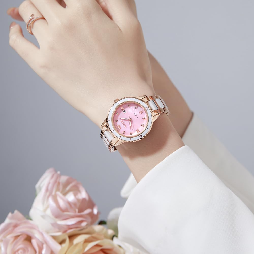 OLEVS Ladies' Wristwatch Rose Gold Ceramic Band Quartz Date Display Water-Resistant Pink Mother-of-Pearl Dial Bracelet Gift