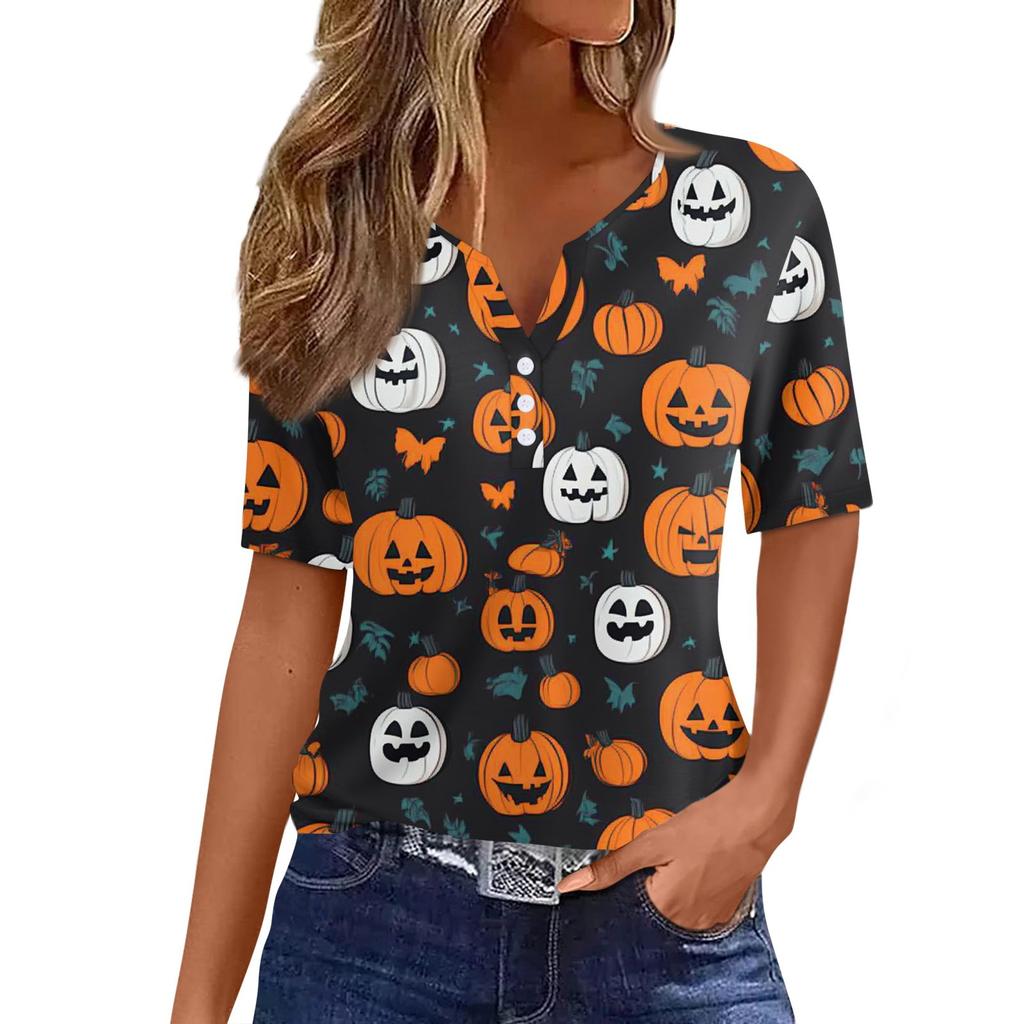 Women's T Shirt Tee Halloween Printed Button Short Sleeve Tunic Daily Weekend Fashion Basic V- Neck Regular Top