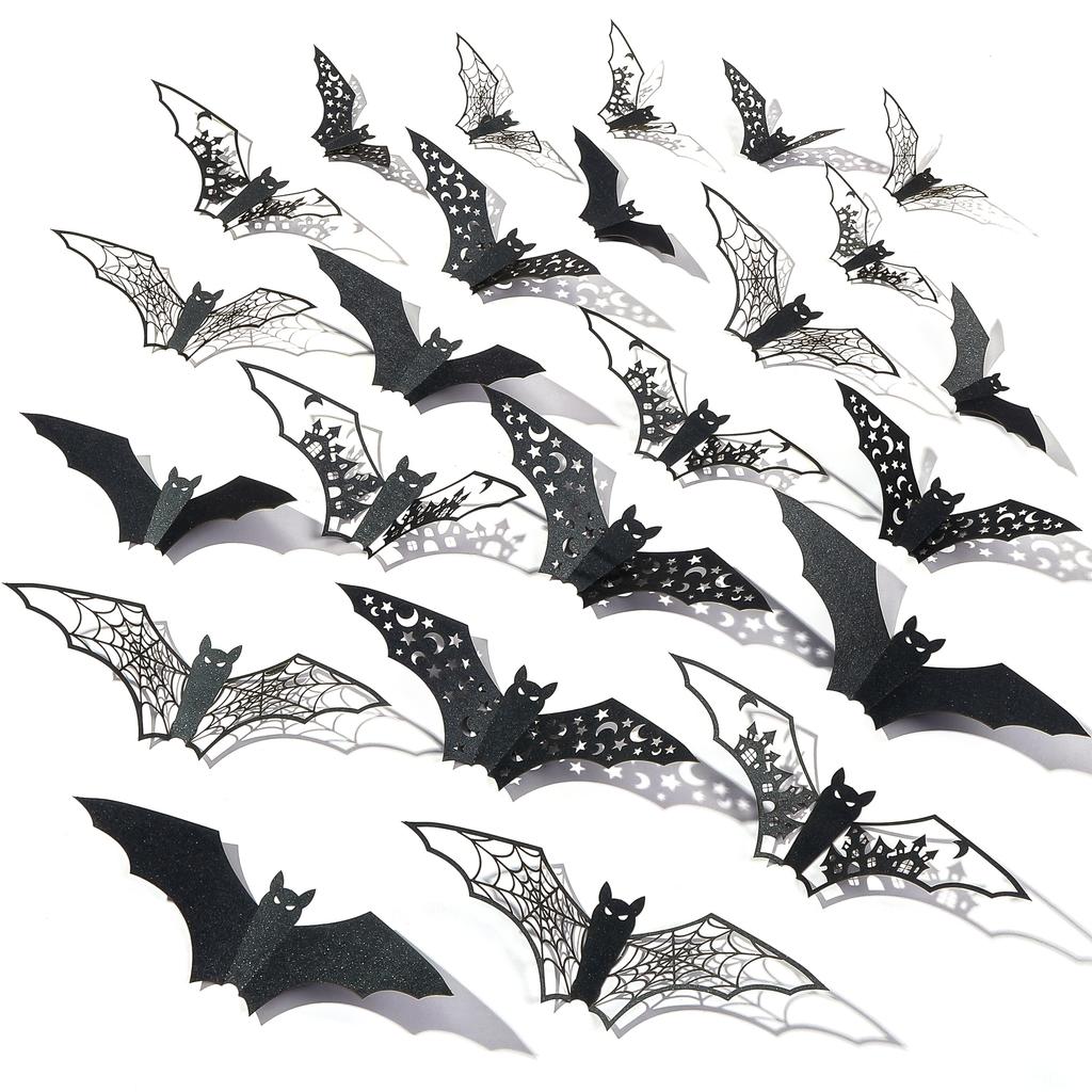 24 Halloween Bat Decoration Door Frames, Hollow Bat Wall Decoration, Paper Bat Wall Sticker, Halloween Party Interior Supplies