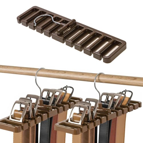 

Stylish belt hanger, tie hanger, and scarf hanger. Space-saving, storage, organization, wrinkle-resistant, and swivels. Brown.